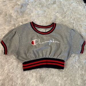 Vintage Champion Gray Cropped Sweatshirt (with red and navy striped trim)